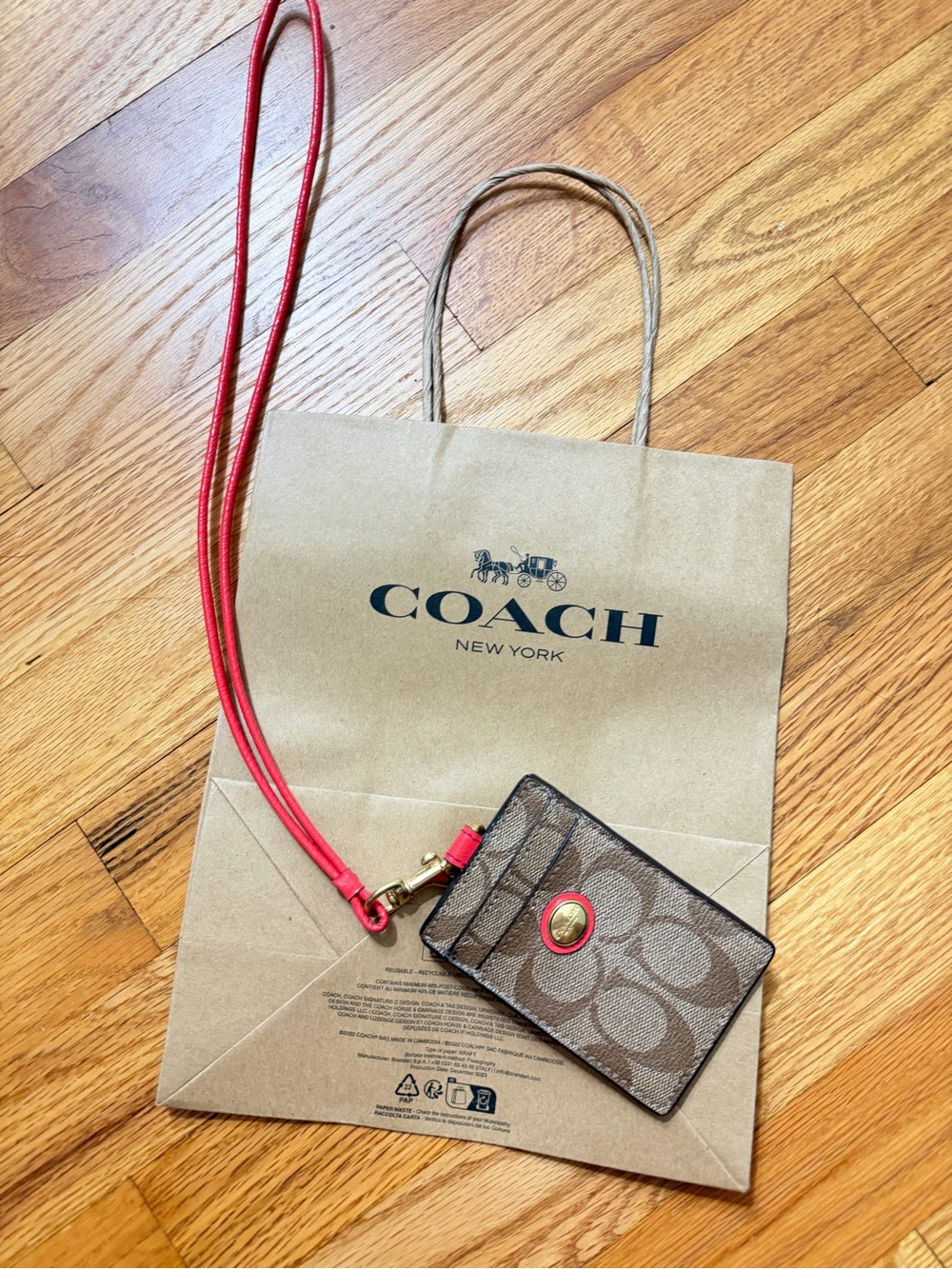 Coach Brown Signature Card Case with Red Lanyard